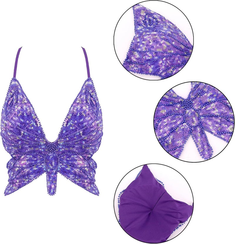 Mocure Womens Glitter Sequin Butterfly Crop Top Low-Cut Tank Top Rave Tube Vest Top for Belly Dance Costume Outfits - Image 5